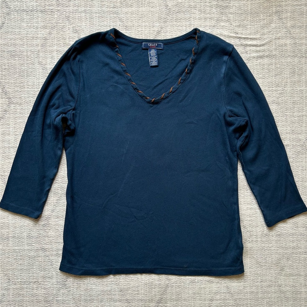 Chaps Navy V‑Neck Long Sleeve Top with Braided Trim